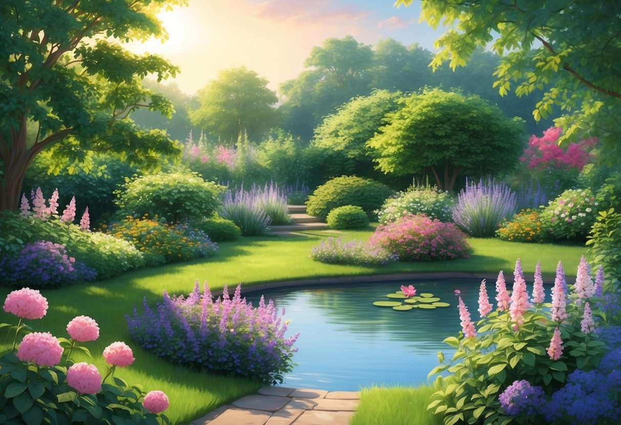 A serene garden with blooming flowers and a tranquil pond, surrounded by lush greenery and bathed in warm sunlight