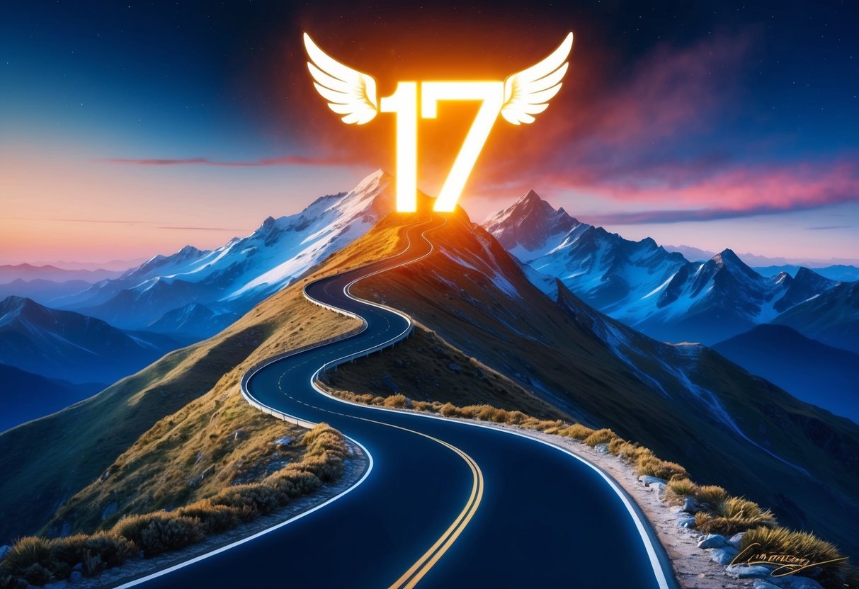 A winding road leading to a mountain peak with a glowing 17 angel number hovering above