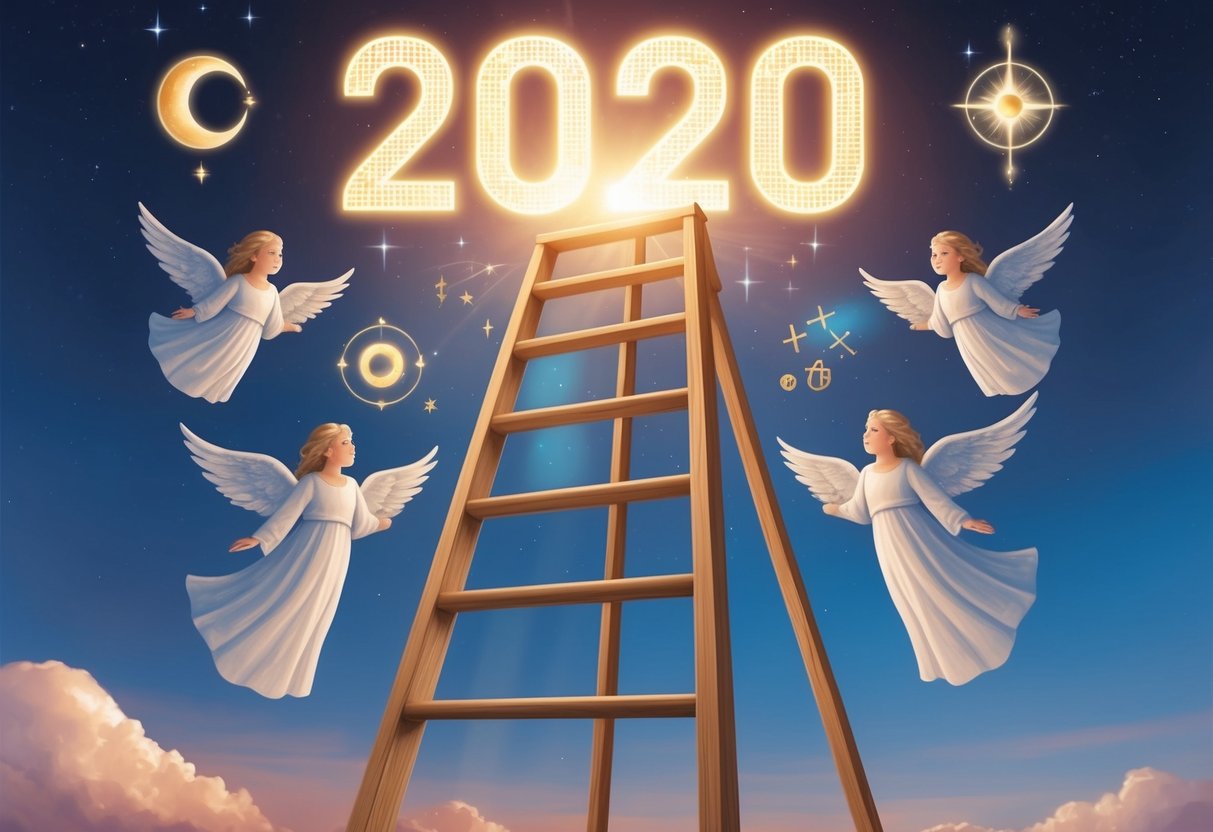 A ladder reaching up to the sky with a glowing "2020" at the top, surrounded by celestial symbols and angelic figures