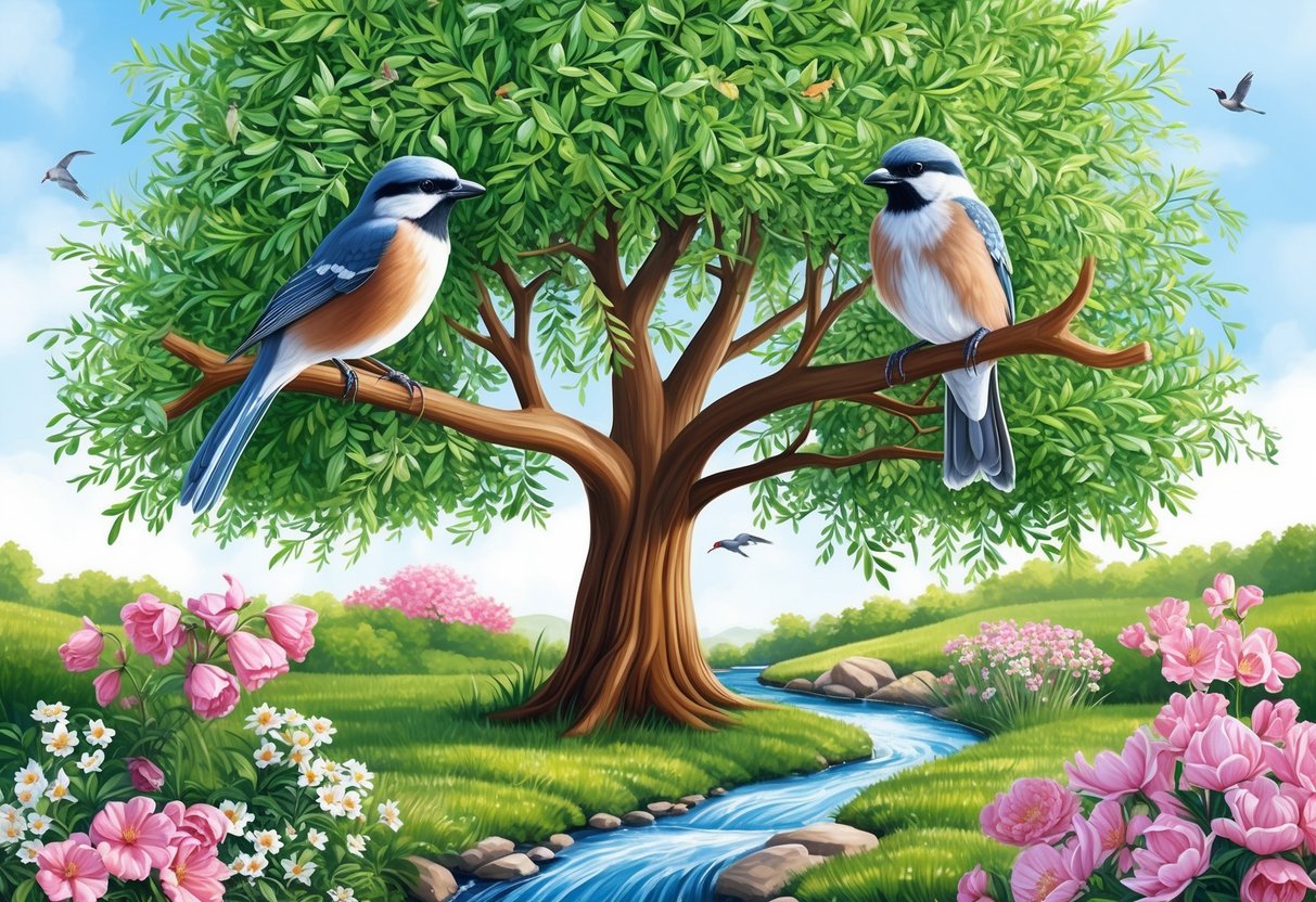 A flourishing tree with two birds perched on its branches, surrounded by blooming flowers and a flowing stream