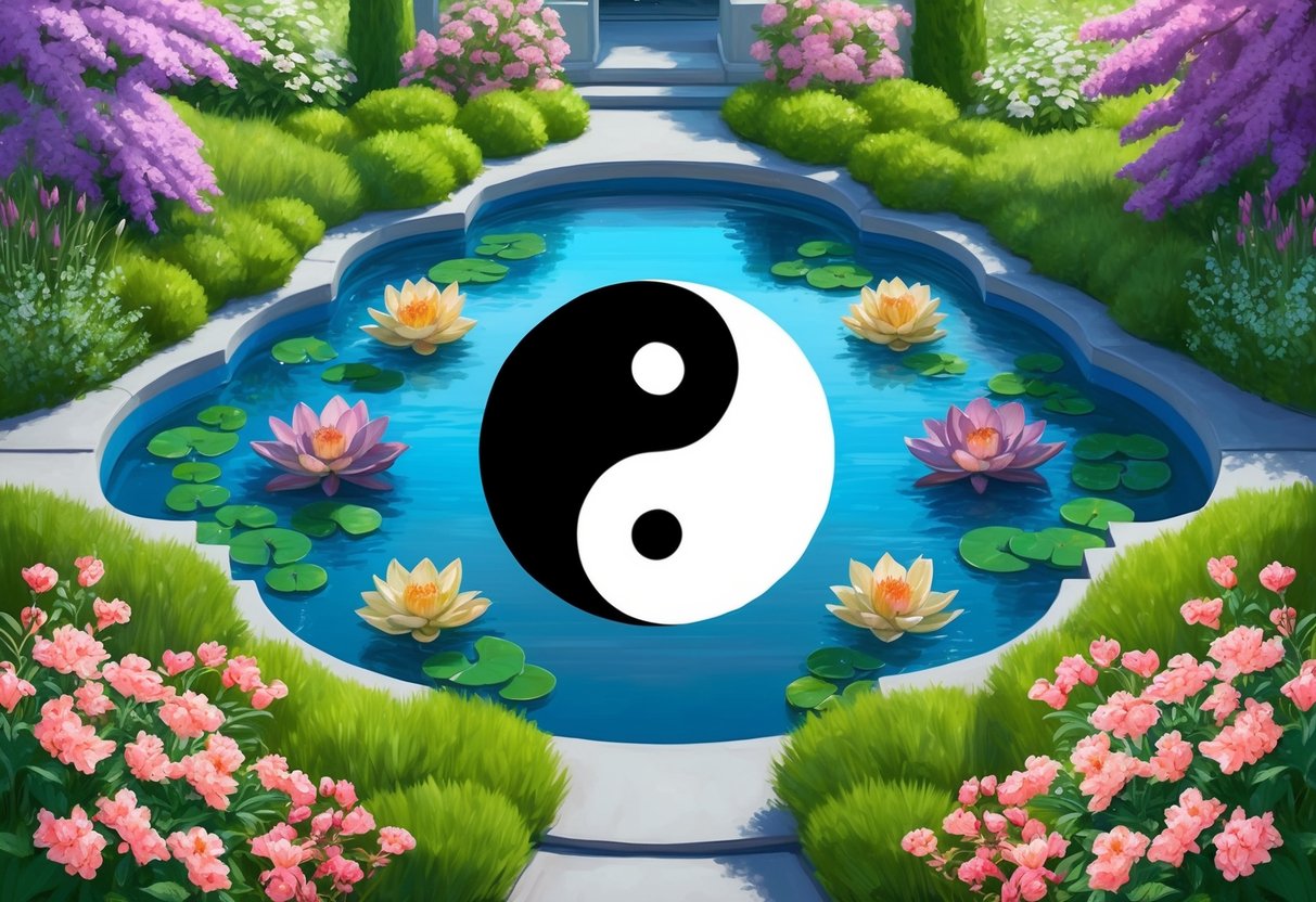 A serene garden with a yin-yang symbol at its center, surrounded by blooming flowers and tranquil water features