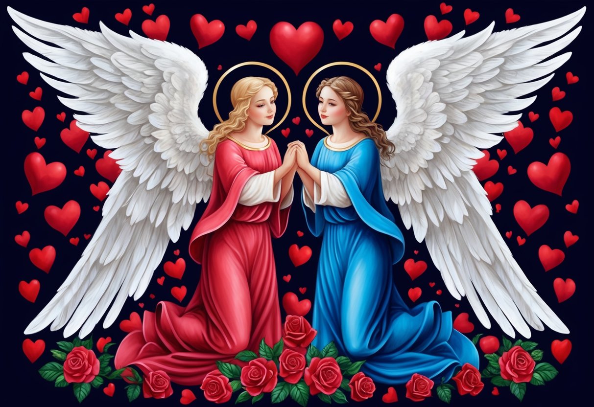 Two intertwined angelic figures surrounded by hearts and roses