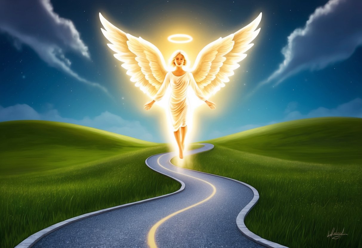 A glowing angelic figure hovers above a winding path, illuminating the way with spiritual energy