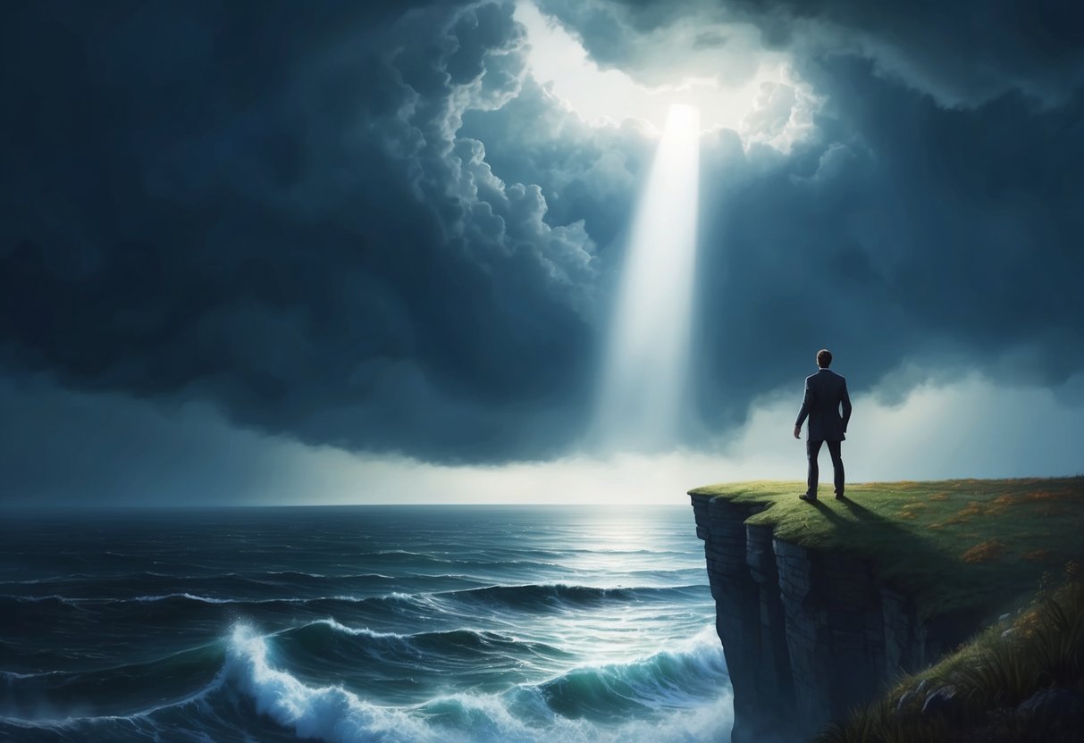 A lone figure stands on a cliff, facing a stormy sea, with a beam of light breaking through the dark clouds above