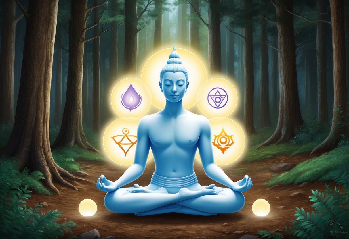 A serene figure meditates in a forest clearing, surrounded by glowing orbs of light and symbols of spiritual power