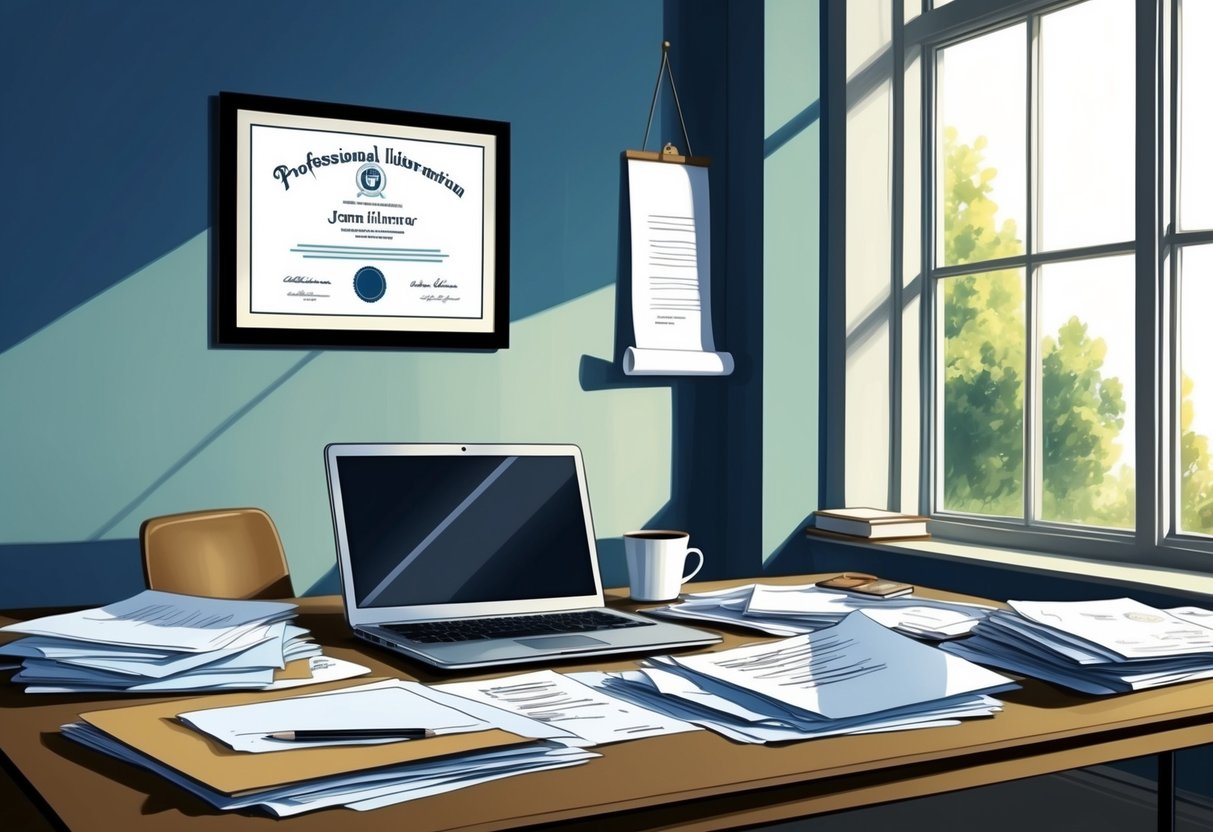 A desk cluttered with papers, a laptop, and a cup of coffee.</p><p>A framed diploma hangs on the wall.</p><p>The room is filled with natural light from a large window