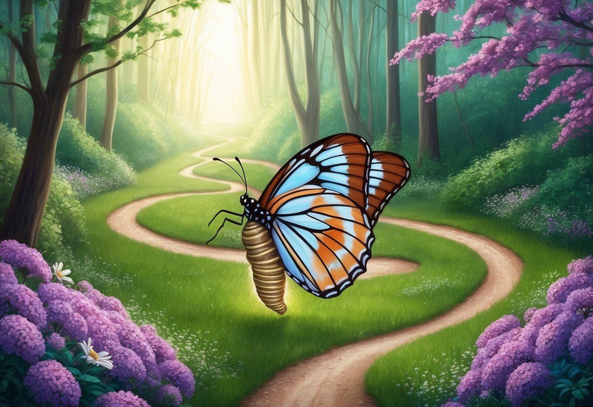 A butterfly emerging from a chrysalis, surrounded by blooming flowers and a winding path through a forest