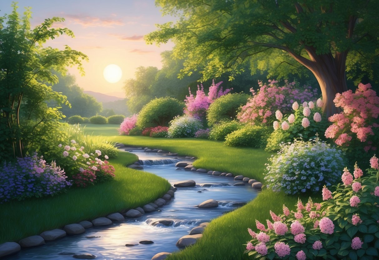 A serene garden with a flowing stream, surrounded by blooming flowers and lush greenery, under the gentle glow of a setting sun