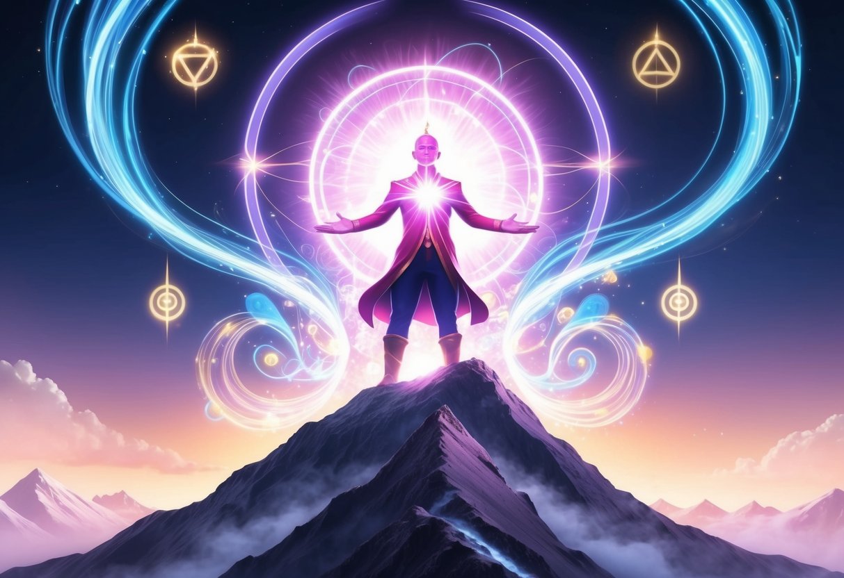 A radiant figure stands atop a mountain, surrounded by swirling energy and glowing symbols, as beams of light extend from their outstretched hands