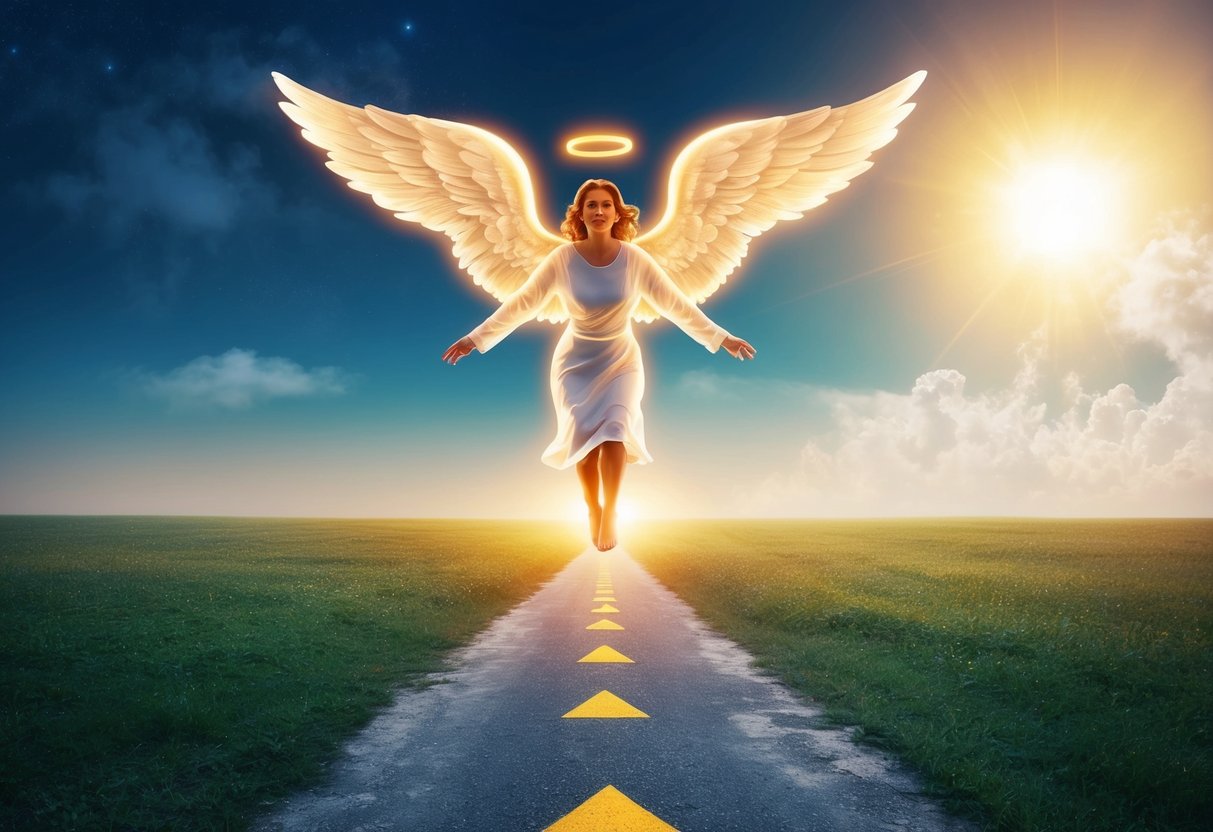 A glowing angel figure hovers above a path leading towards a bright, uncertain future