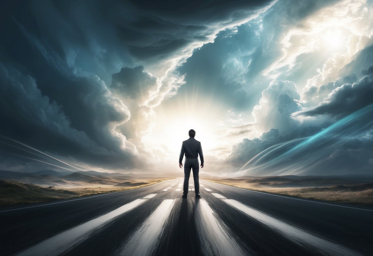 A solitary figure stands at a crossroads, surrounded by swirling winds and shifting landscapes.</p><p>The sky is filled with a mix of storm clouds and rays of sunlight, reflecting the uncertainty and potential of major life changes