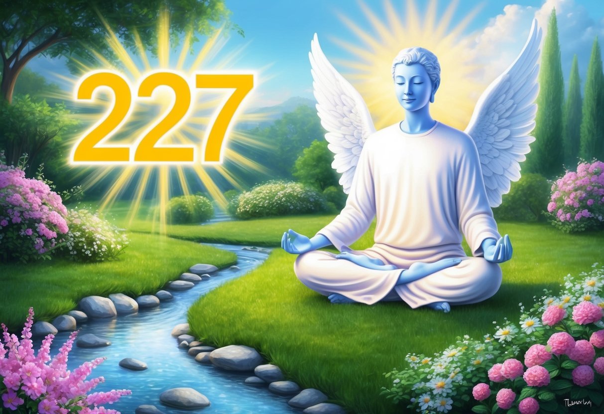 A serene figure meditates in a lush garden, surrounded by blooming flowers and a gentle stream, as a radiant 227 angel number hovers in the air