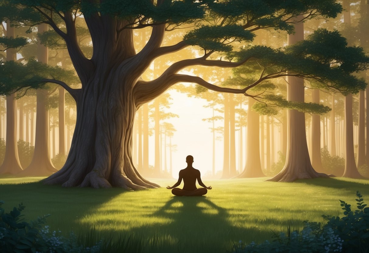 A serene forest clearing, bathed in golden sunlight with a lone figure meditating beneath a towering ancient tree