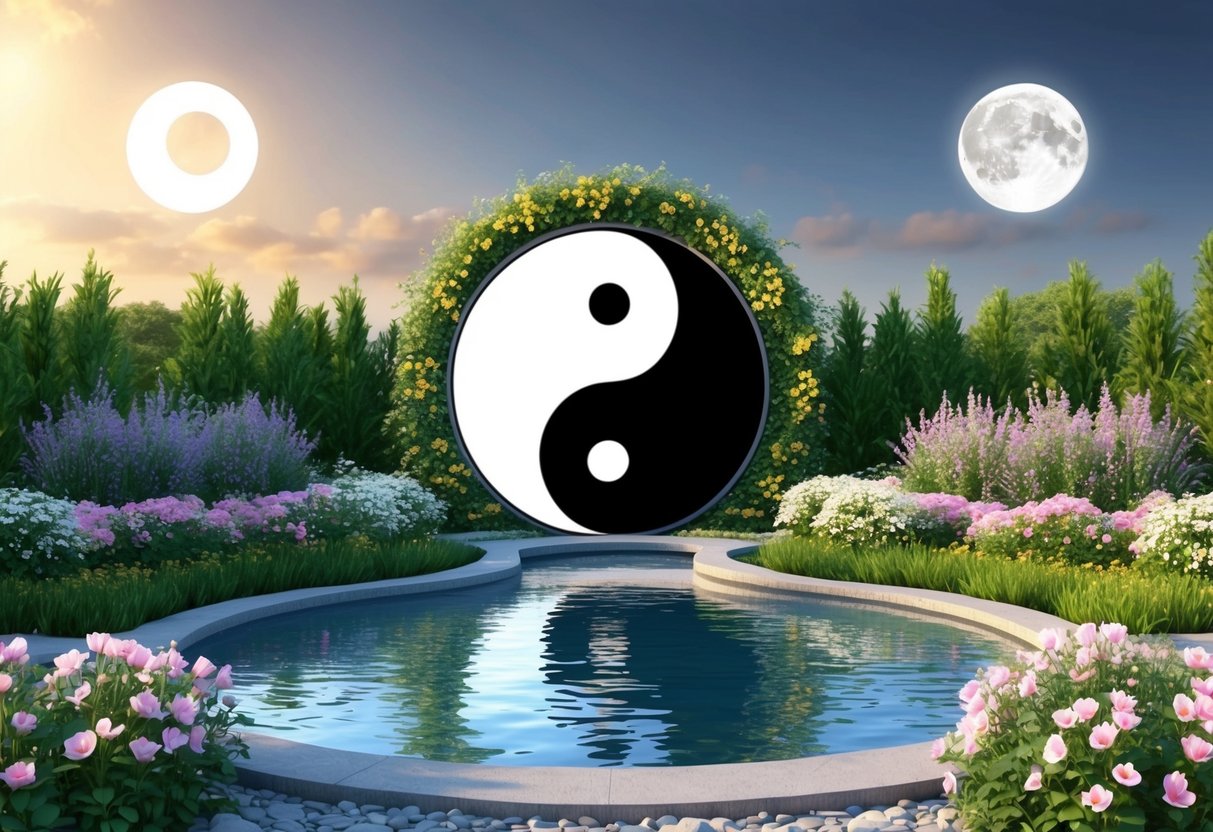 A serene garden with a yin-yang symbol at its center, surrounded by blooming flowers and tranquil water features.</p><p>The sun and moon are both visible in the sky, representing balance and harmony