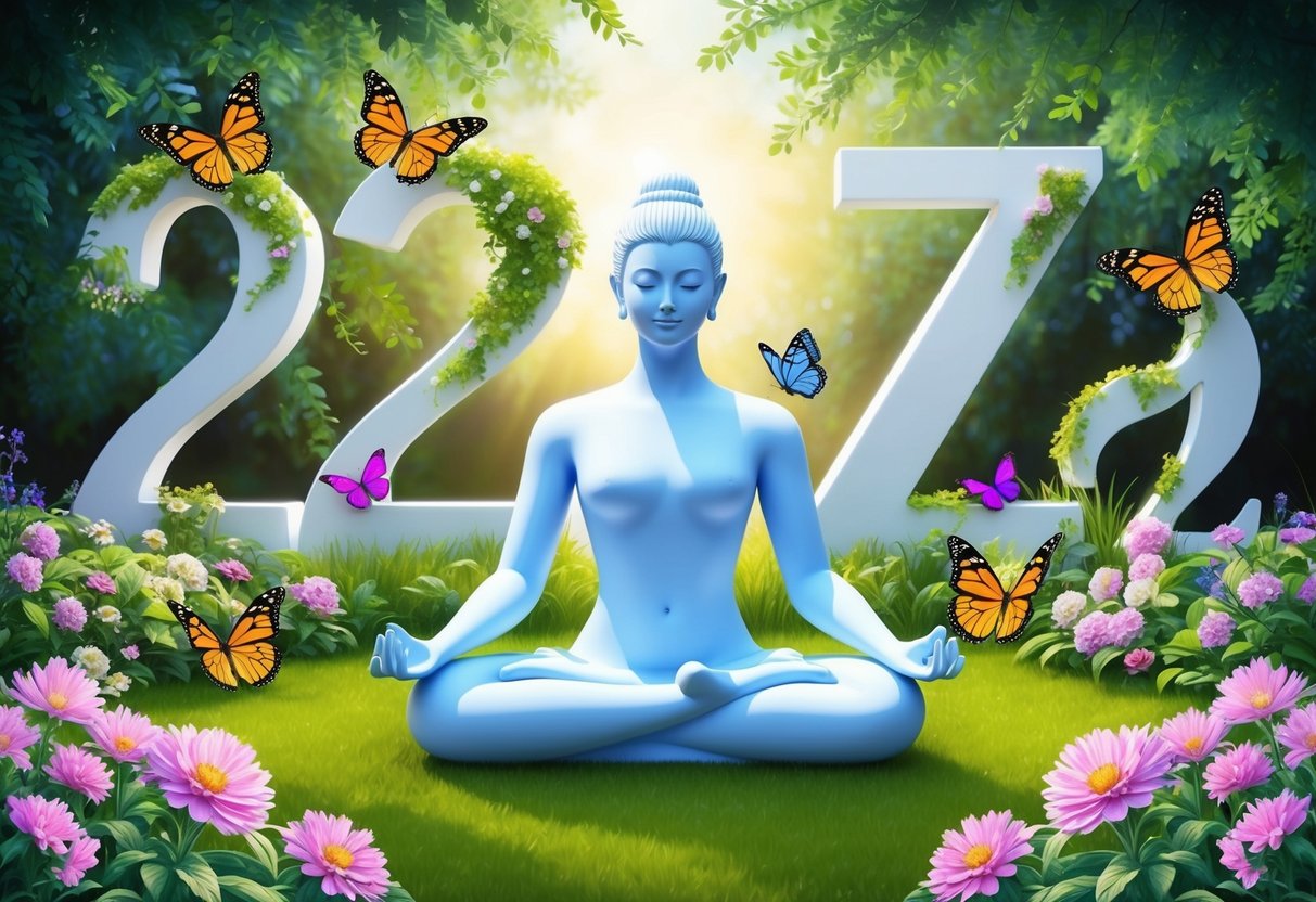 A serene figure meditating in a lush garden, surrounded by blooming flowers and vibrant butterflies, with the number 227 subtly integrated into the natural elements