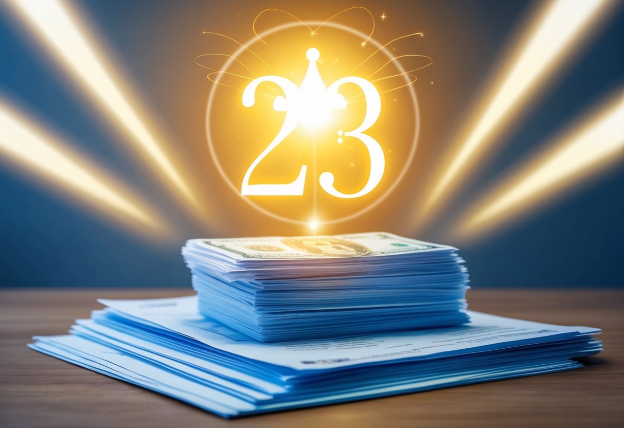 A glowing 233 angel number hovers above a stack of financial documents, surrounded by beams of light and a sense of spiritual significance