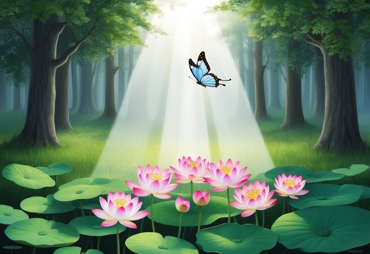 A serene forest clearing with a beam of light shining down, illuminating a cluster of blooming lotus flowers and a butterfly in flight