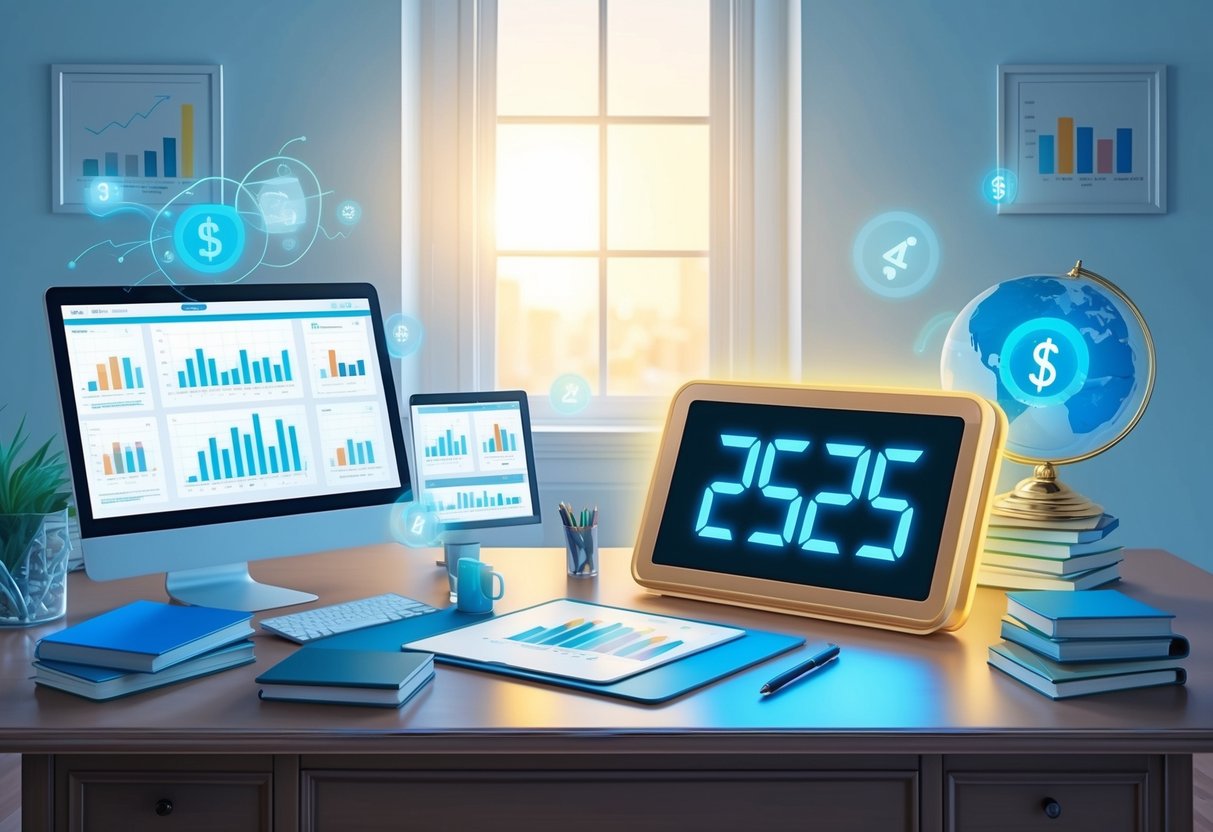 A serene office space with a desk adorned with financial charts and a glowing "2525" angel number on a digital display, surrounded by symbols of professional success