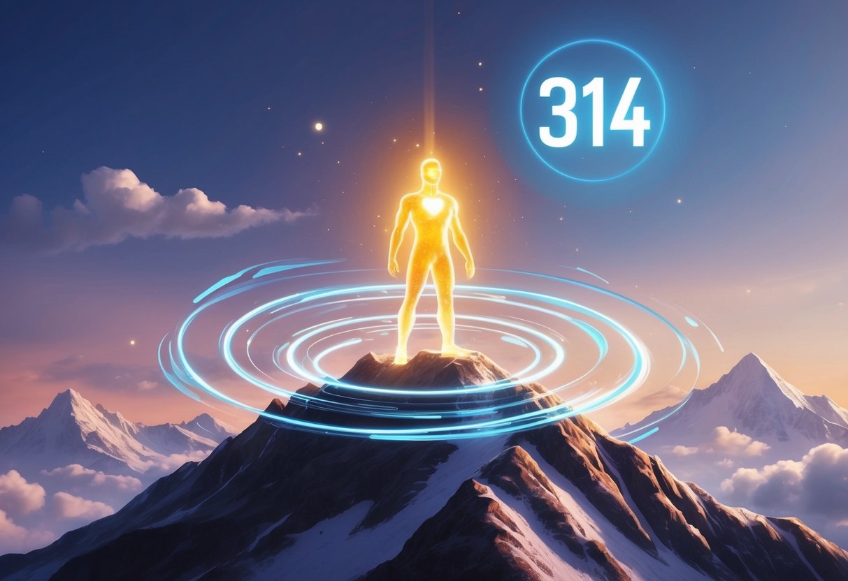 A glowing figure stands atop a mountain, surrounded by swirling energy and beams of light, as the number 314 hovers in the air above them