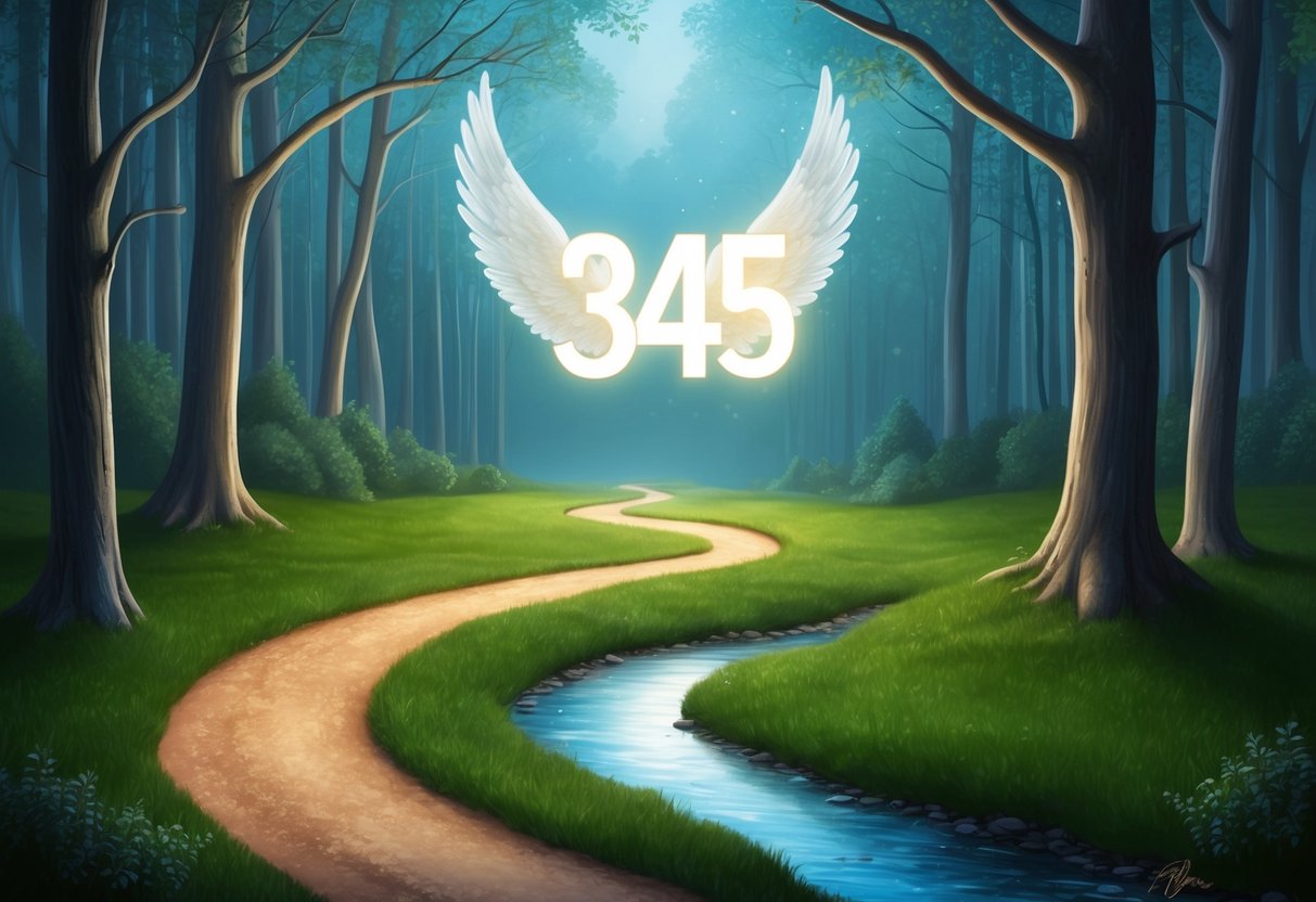 A serene forest clearing with a winding path leading to a glowing 345 angel number hovering above a tranquil stream