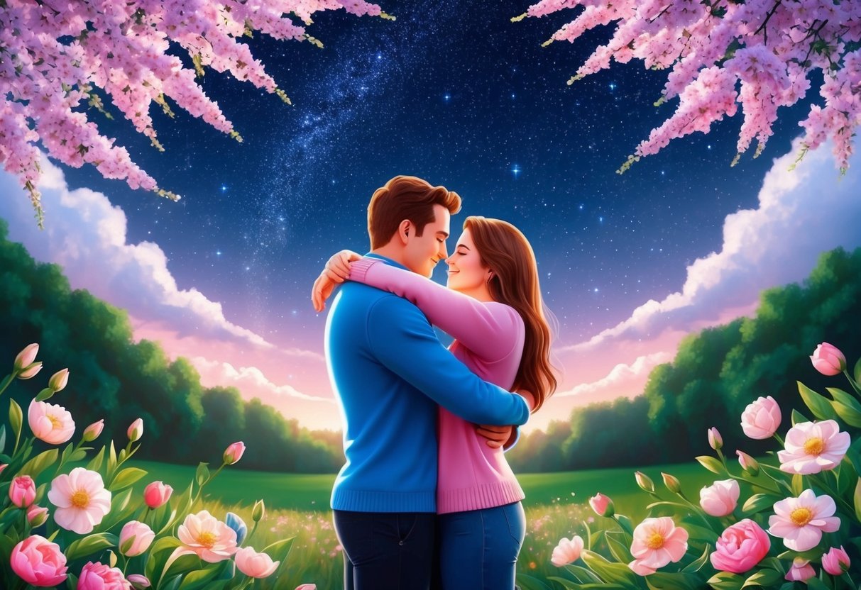 A couple embraces under a starry sky, surrounded by blooming flowers and a sense of tranquility