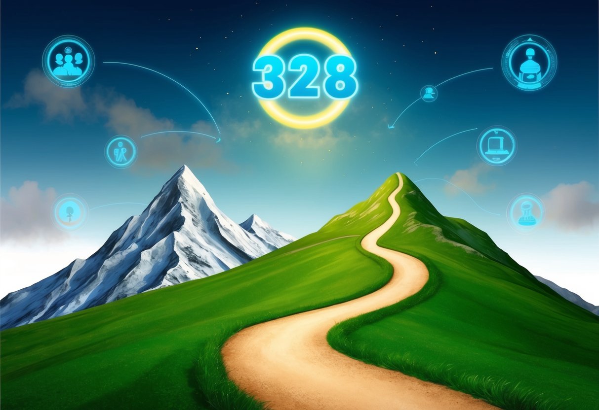 A winding path leads to a mountain peak, where a glowing 328 hovers in the sky, surrounded by symbols of career and personal growth