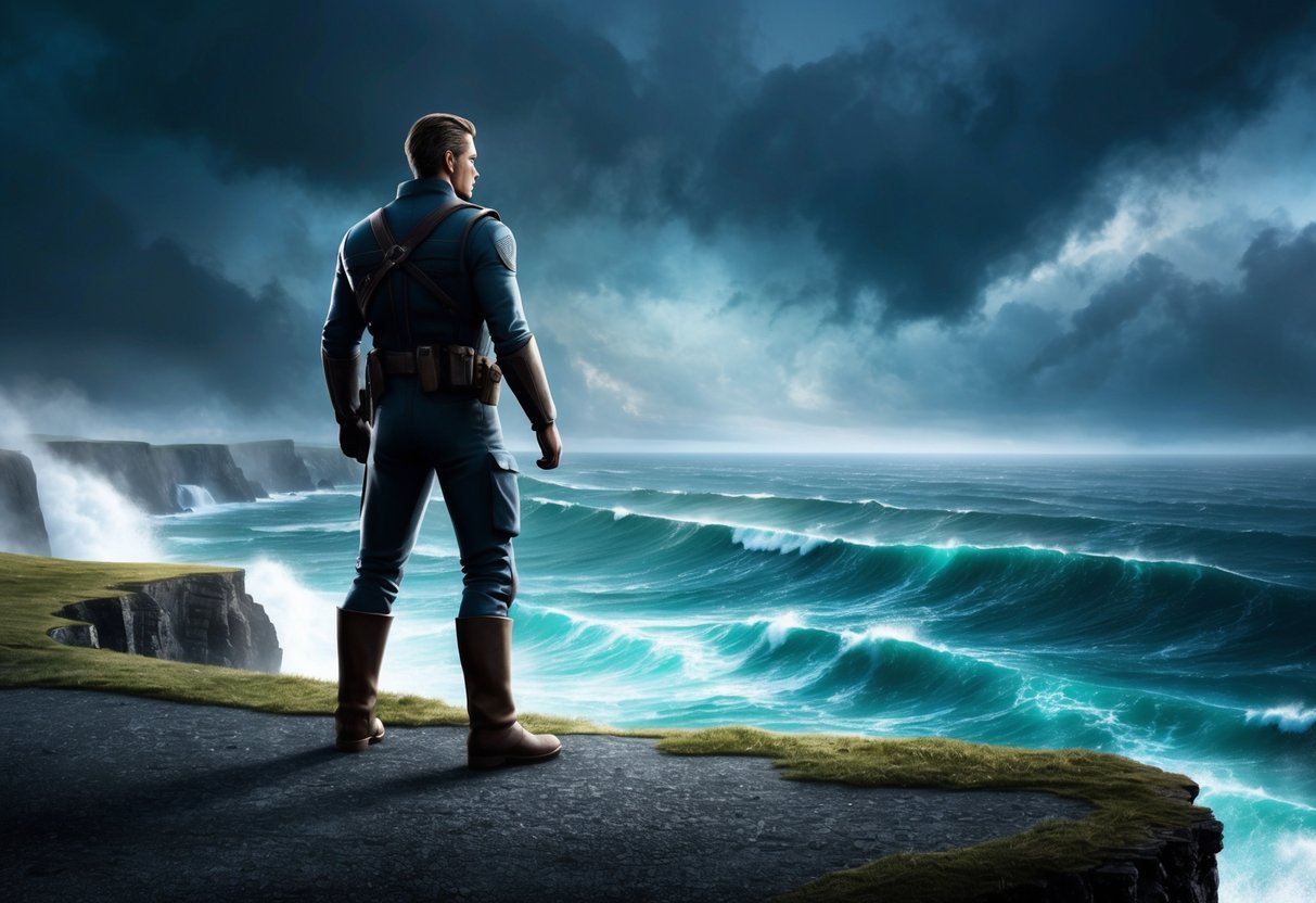 A figure stands at the edge of a cliff, gazing out at a stormy sea, with a determined expression and a sense of courage