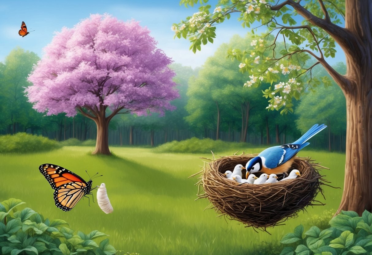 A serene forest clearing with a blooming tree, a butterfly emerging from its cocoon, and a bird feeding its young in a nest