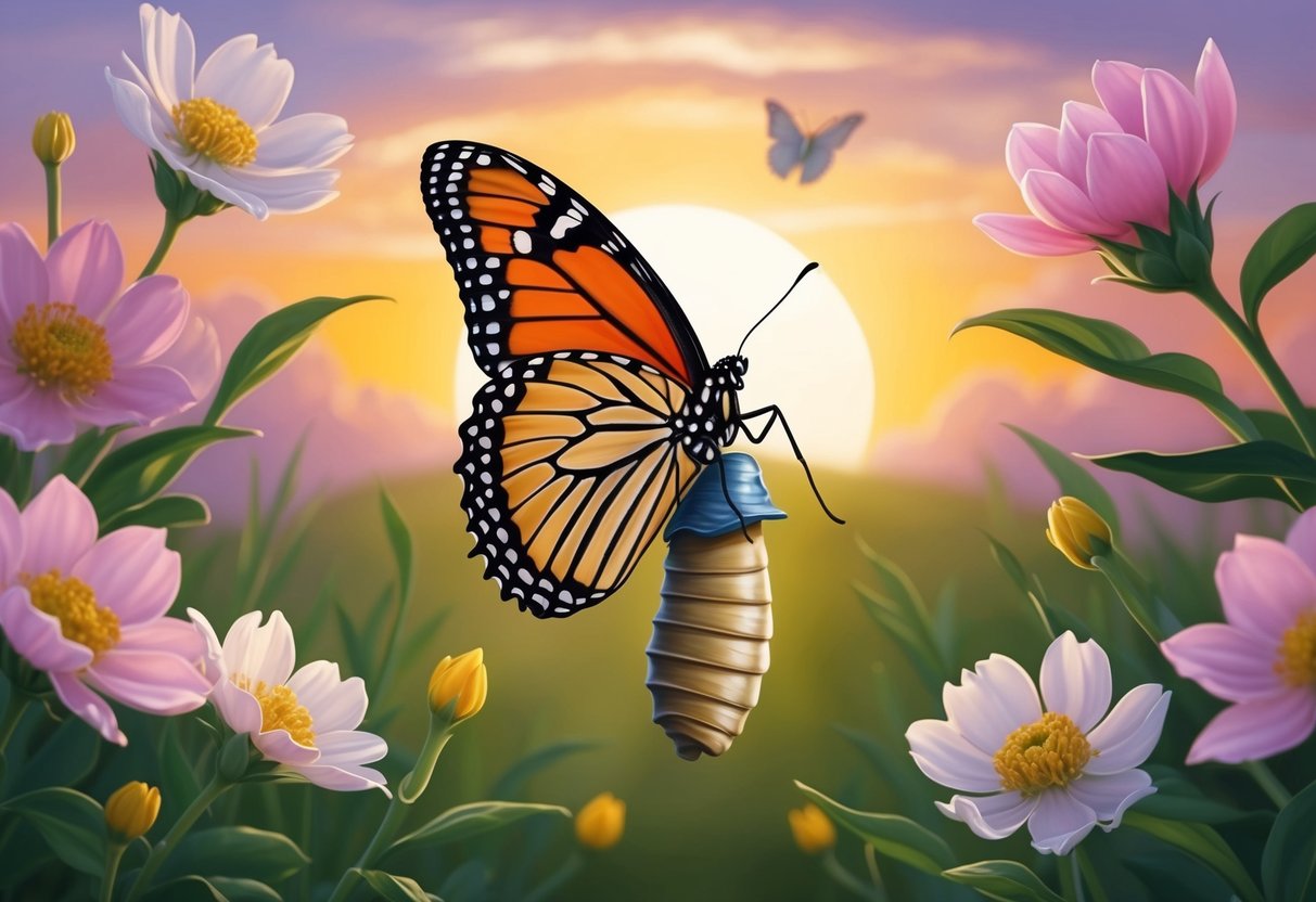 A butterfly emerging from a chrysalis, surrounded by blooming flowers and a sunrise