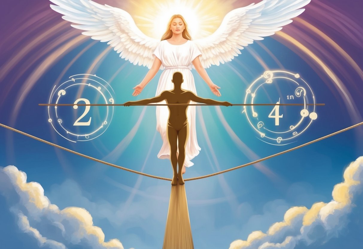 A serene figure balances on a tightrope, surrounded by swirling symbols and the number 422.</p><p>Above, an angelic presence radiates spiritual energy