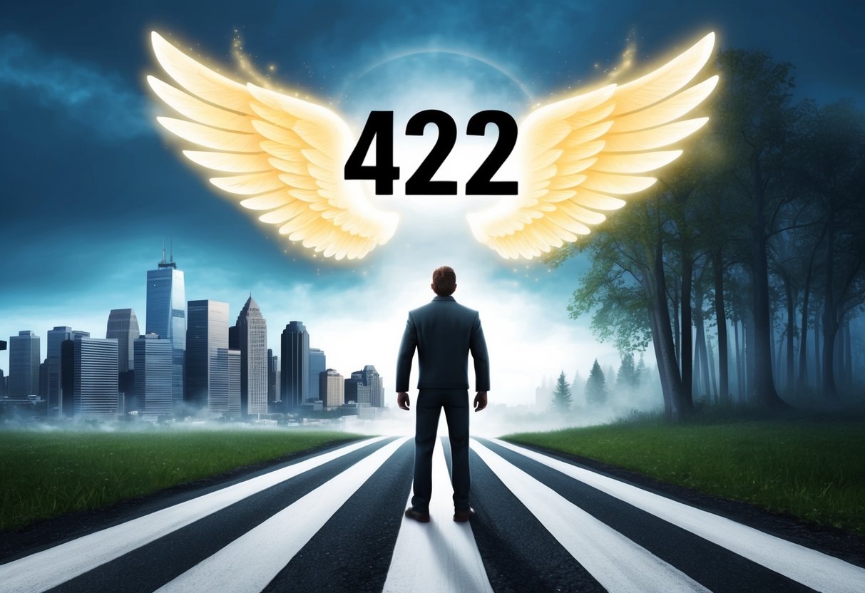 A figure stands at a crossroads, with two paths diverging.</p><p>One leads to a bustling city skyline, while the other disappears into a misty forest.</p><p>Above, the number 422 hovers in the air, surrounded by glowing angelic wings