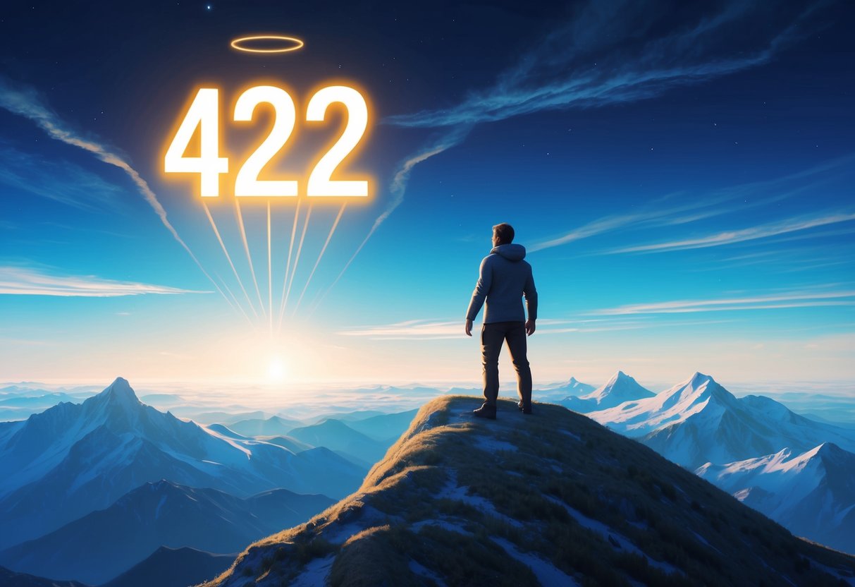 A figure stands at the peak of a mountain, gazing out at a vast, challenging landscape.</p><p>A glowing 422 angel number hovers in the sky, symbolizing their untapped spiritual potential