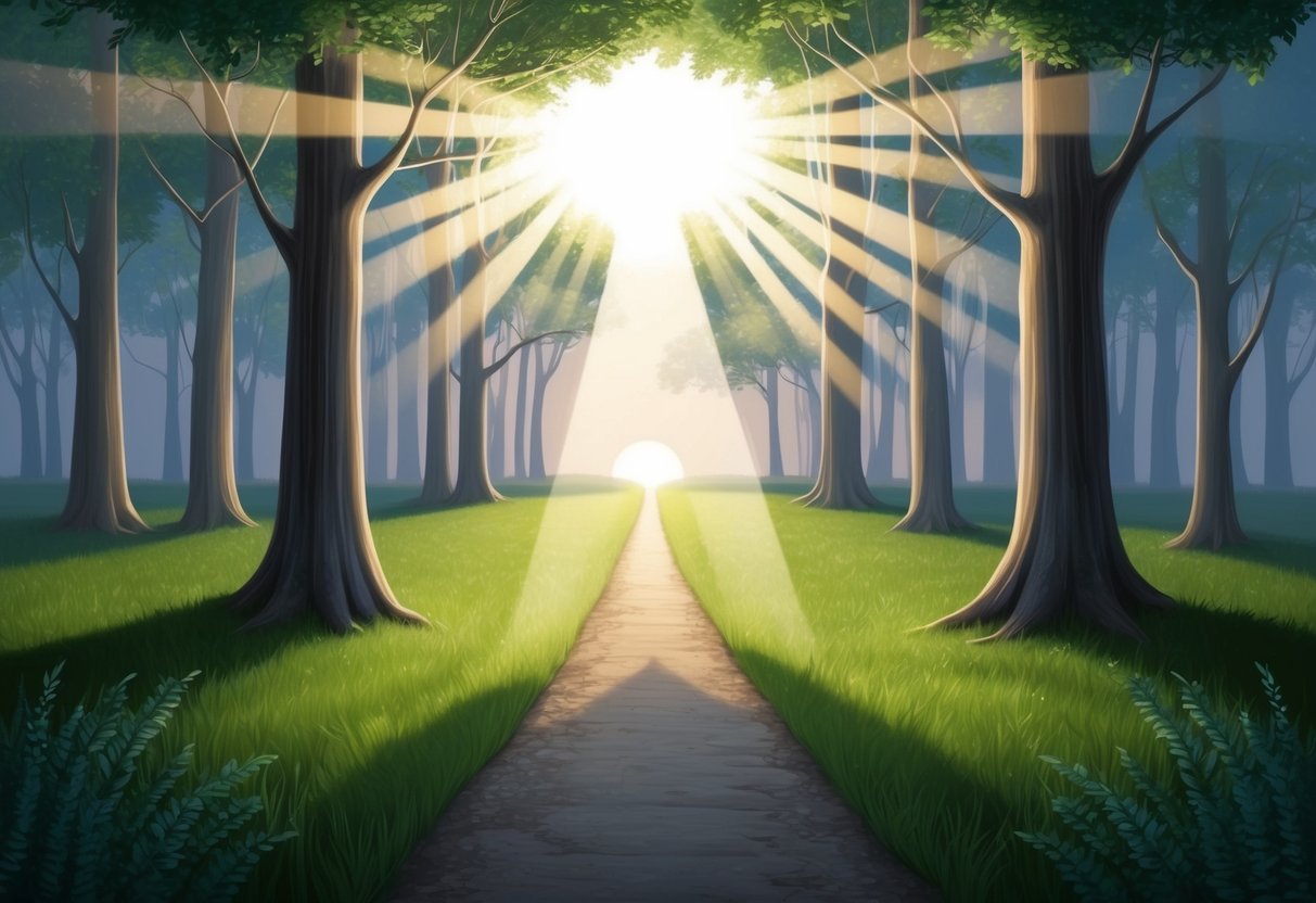 A serene forest clearing at dawn, with a radiant beam of light shining through the trees, illuminating a path leading towards a distant horizon