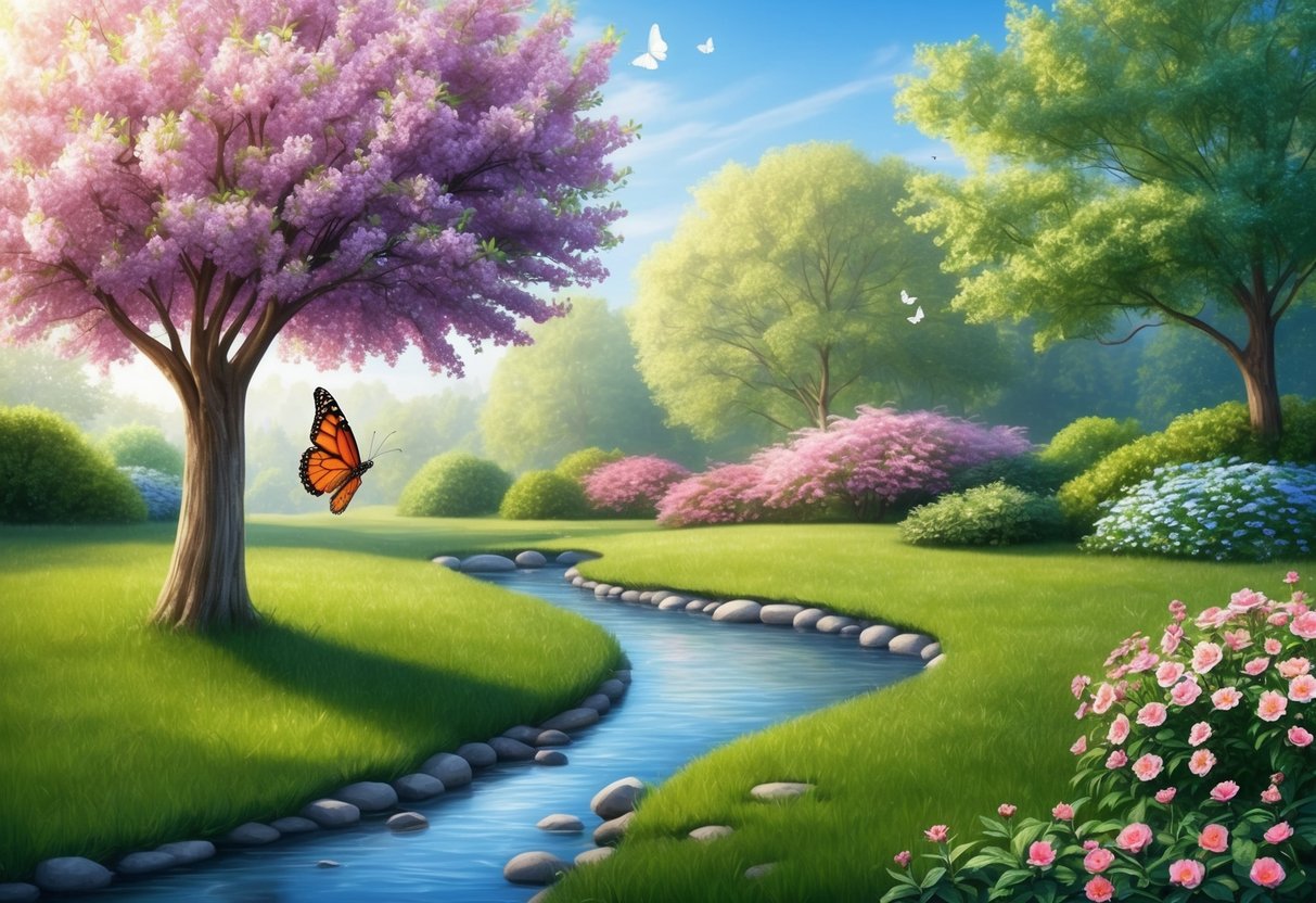 A serene garden with a blooming tree, a butterfly emerging from a cocoon, and a peaceful stream flowing through the landscape