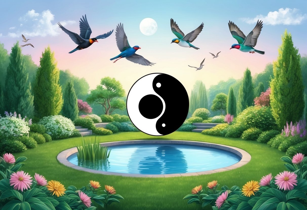 A serene garden with perfectly balanced elements: a yin-yang symbol, a tranquil pond, and five birds in harmonious flight