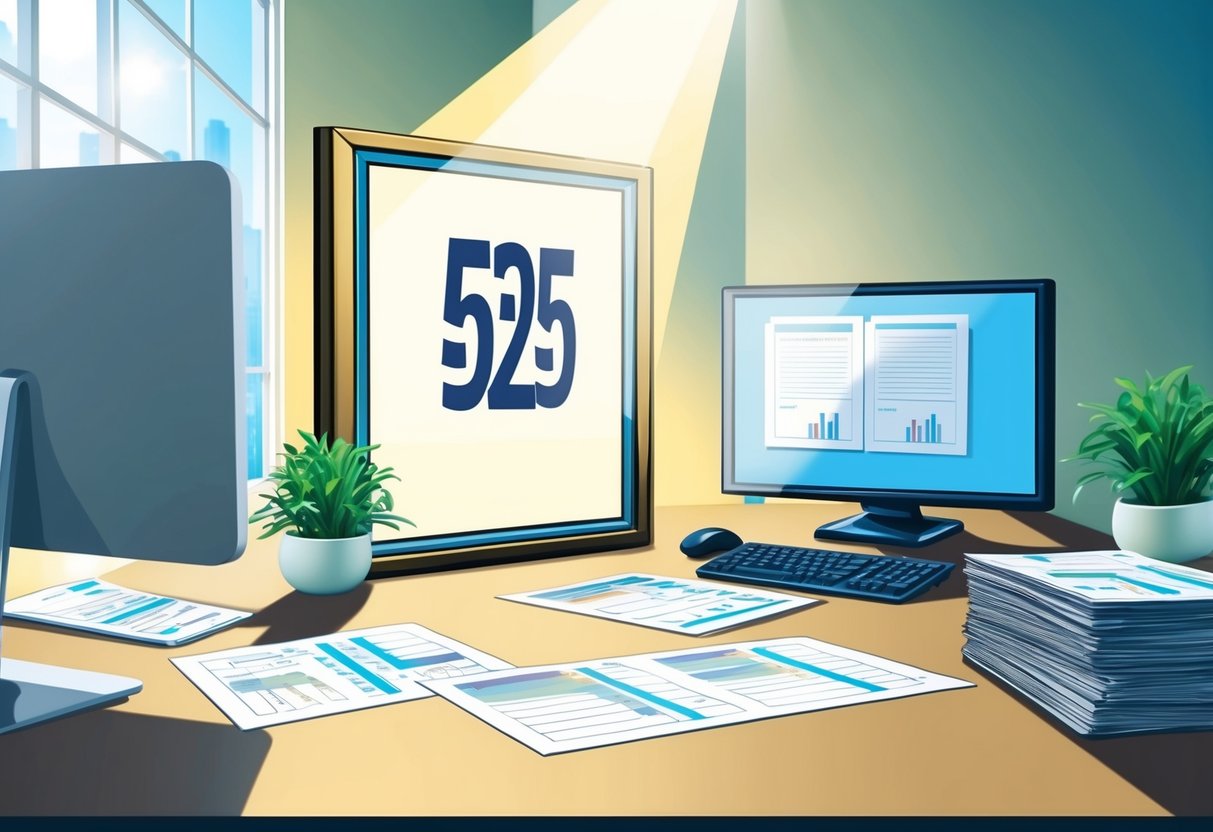 A serene office space with a desk, computer, and financial documents.</p><p>A beam of light shines on a framed print of the number "525."