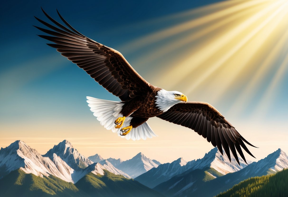 A soaring eagle flying above a mountain range, surrounded by rays of golden light