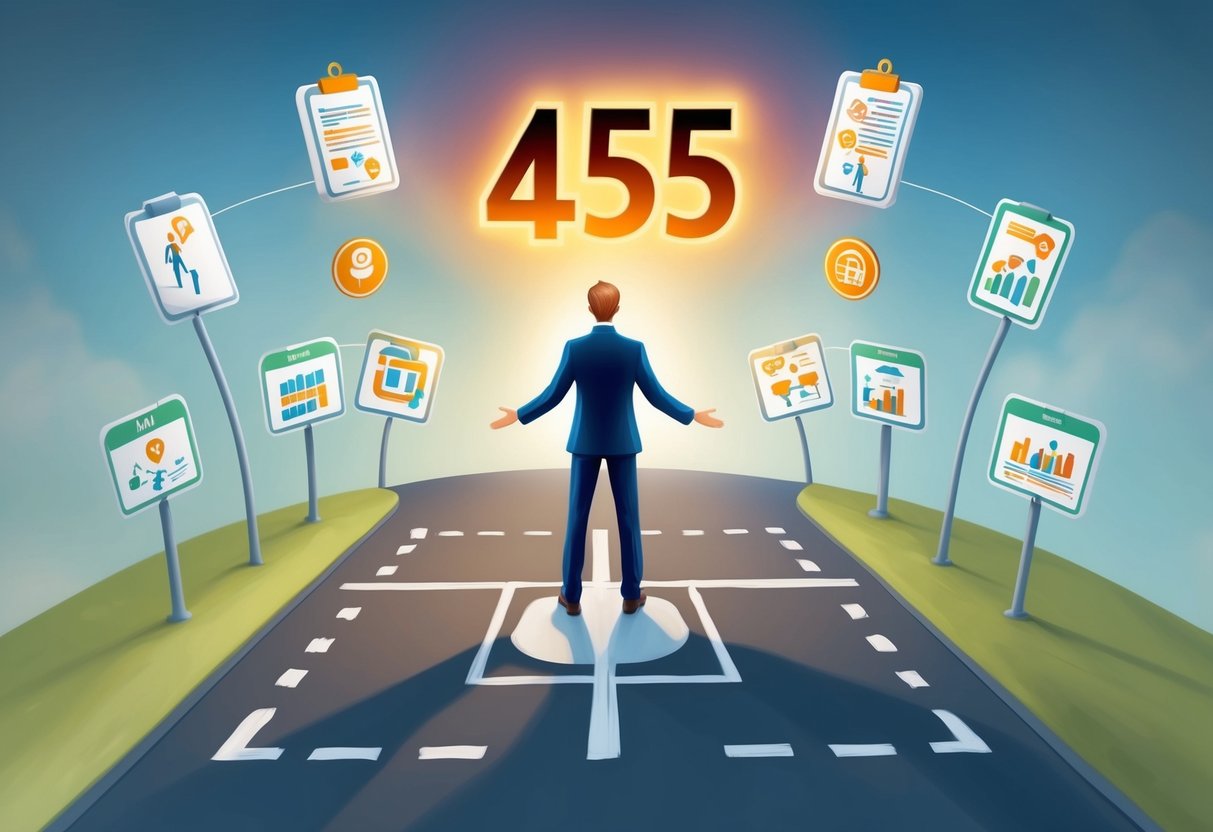 A figure standing at a crossroads, surrounded by symbols of career paths and aspirations, with the number 455 glowing above