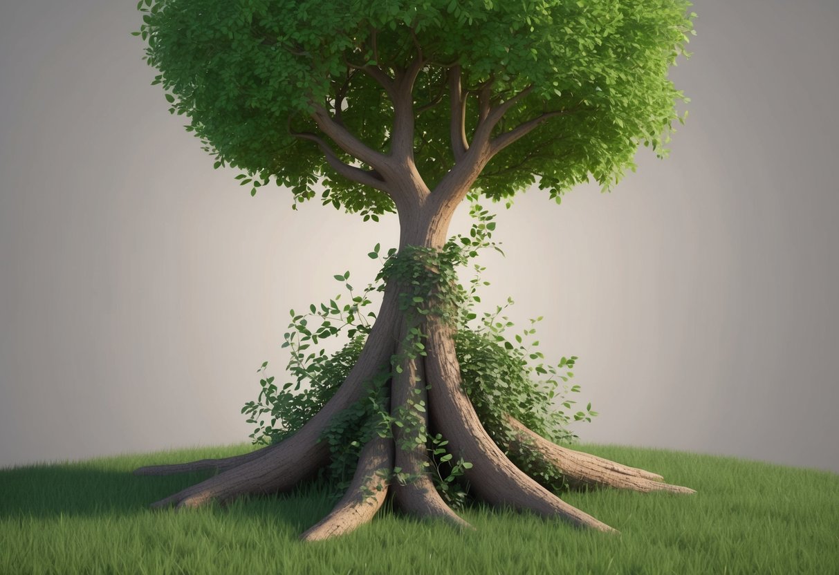 A tree bending and growing around obstacles, symbolizing adaptability and personal growth