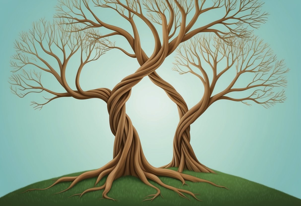 A tree with intertwined branches bending and twisting to form new shapes, symbolizing the adaptability and growth required in navigating changes in love and relationships