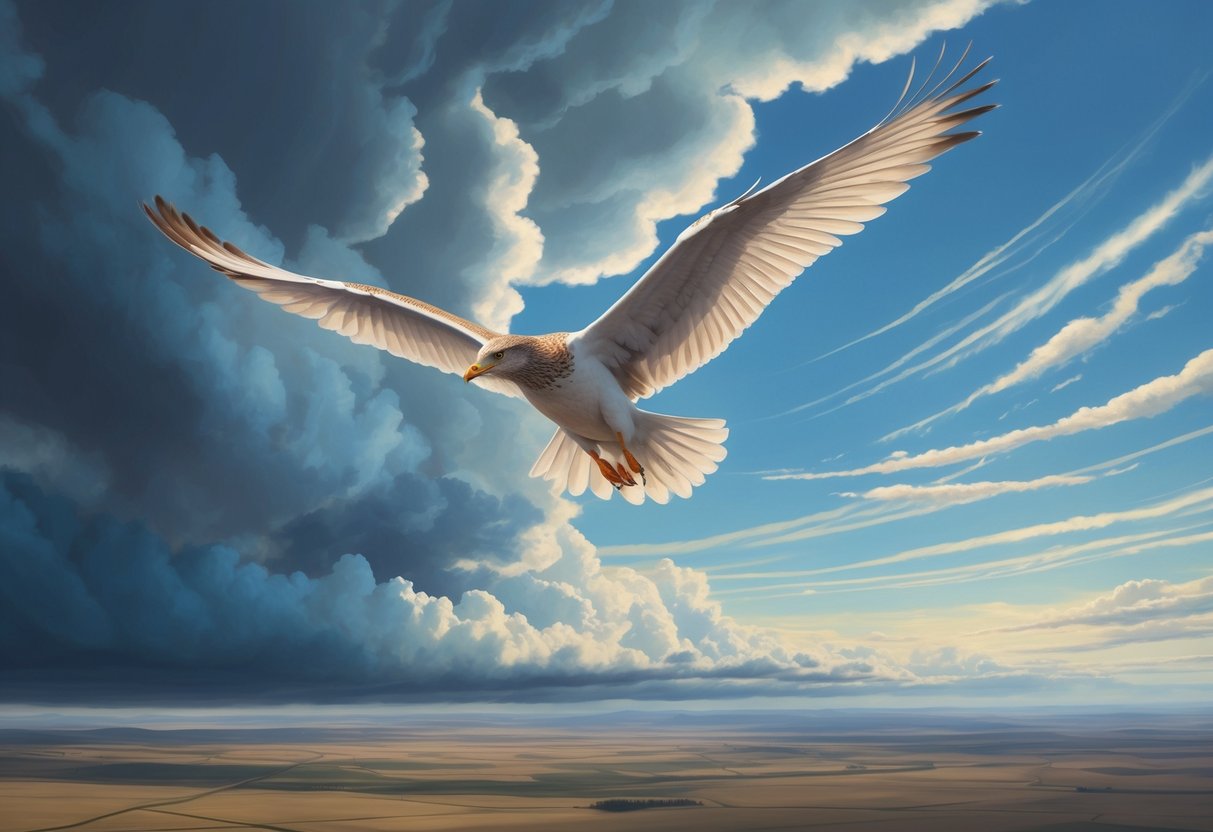 A lone bird soars high above a vast, open landscape, its wings outstretched as it navigates through a sky filled with swirling clouds and changing weather patterns