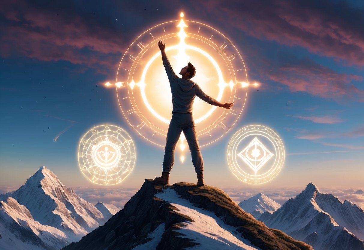 A figure standing on a mountain peak, reaching towards the sky with determination and focus, surrounded by glowing spiritual symbols