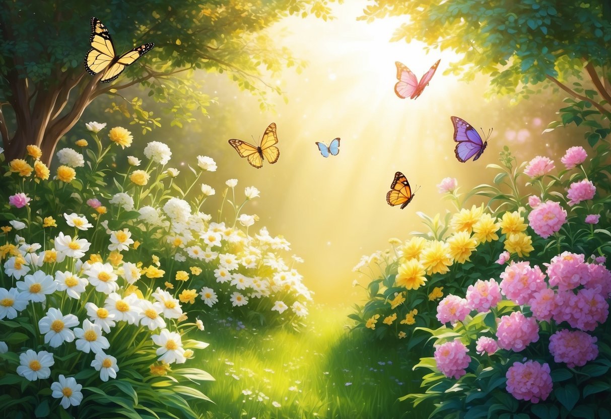 A serene garden with blooming flowers and fluttering butterflies, bathed in golden sunlight, evoking a sense of love and divine power