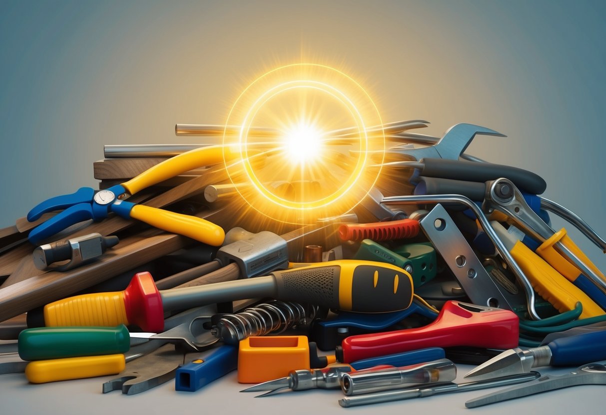 A glowing halo hovers above a pile of practical tools, emanating divine energy