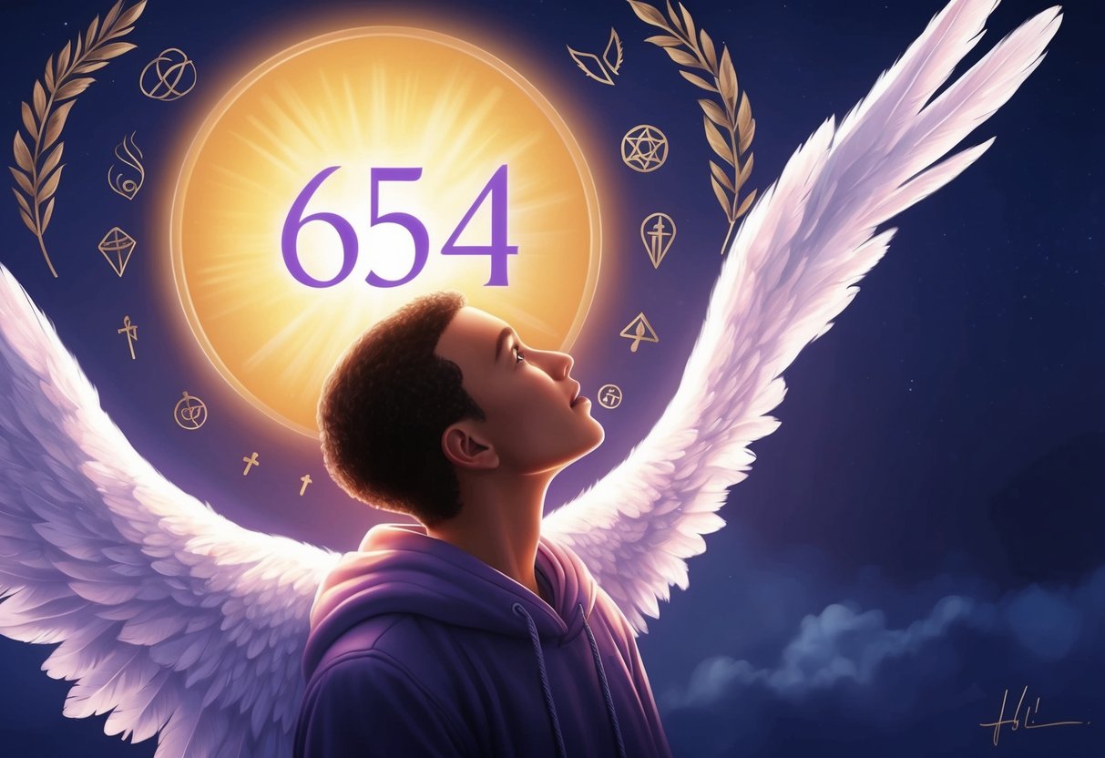 A figure gazes up at a glowing 654 angel number, surrounded by symbols of divine power and purpose