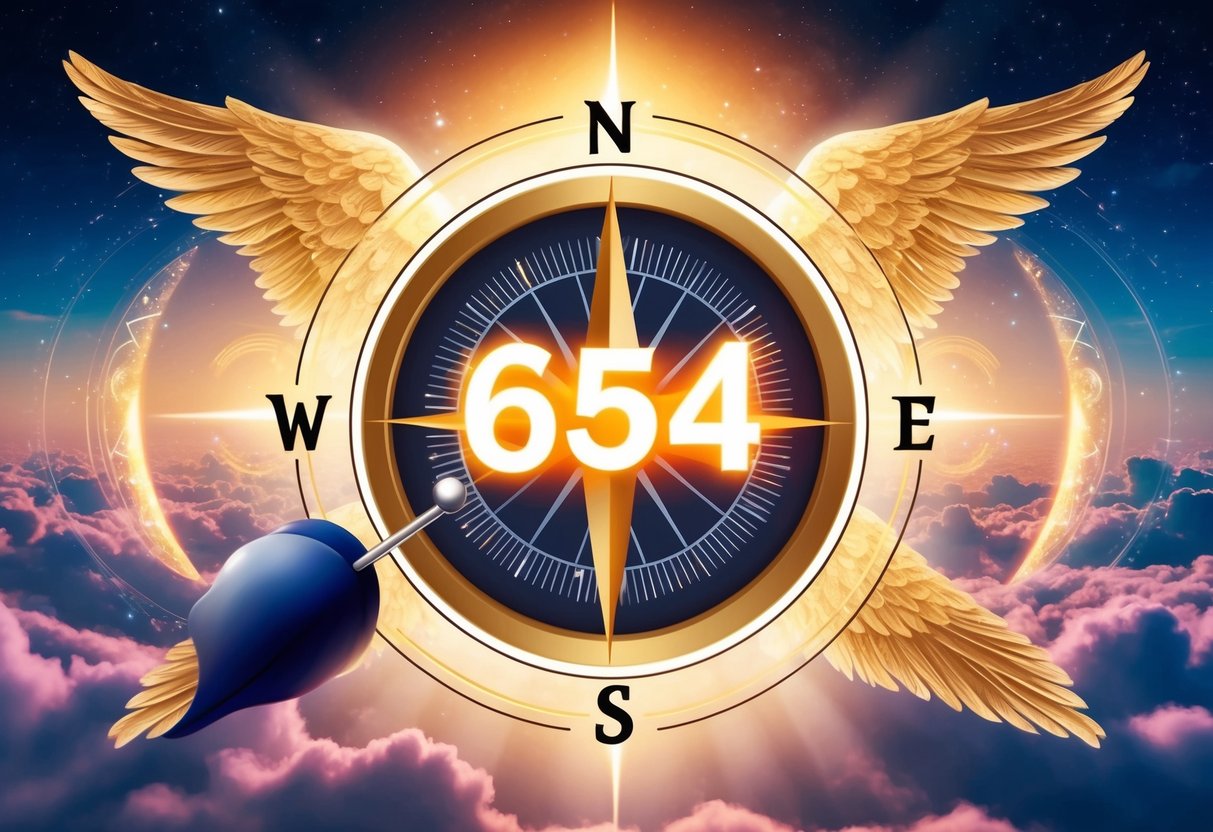 A compass pointing towards a bright, glowing 654 angel number, surrounded by celestial symbols and divine imagery