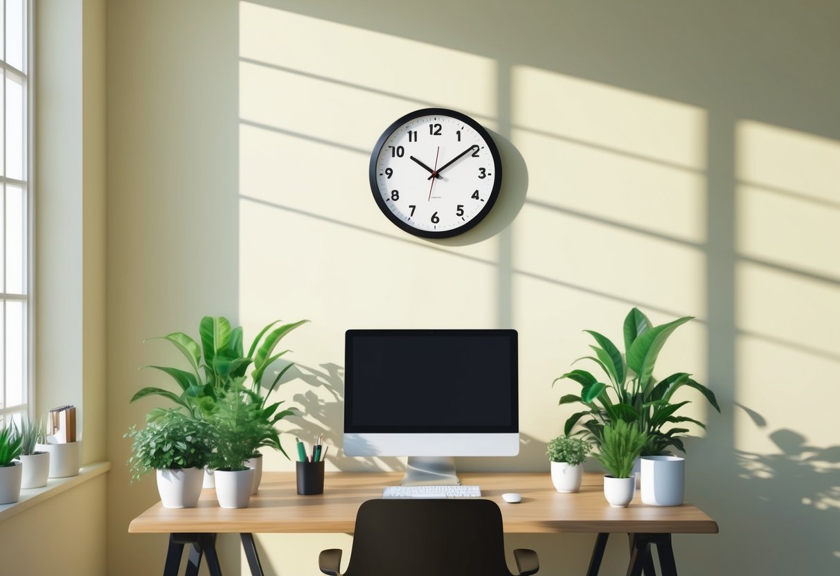 A serene, sunlit office with a desk adorned with plants and a computer.</p><p>A clock on the wall reads 5:56