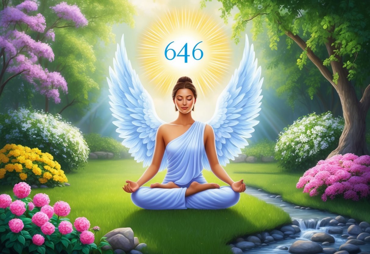 A serene figure meditates in a lush garden, surrounded by blooming flowers and a gentle stream, while a radiant 646 angel number hovers above