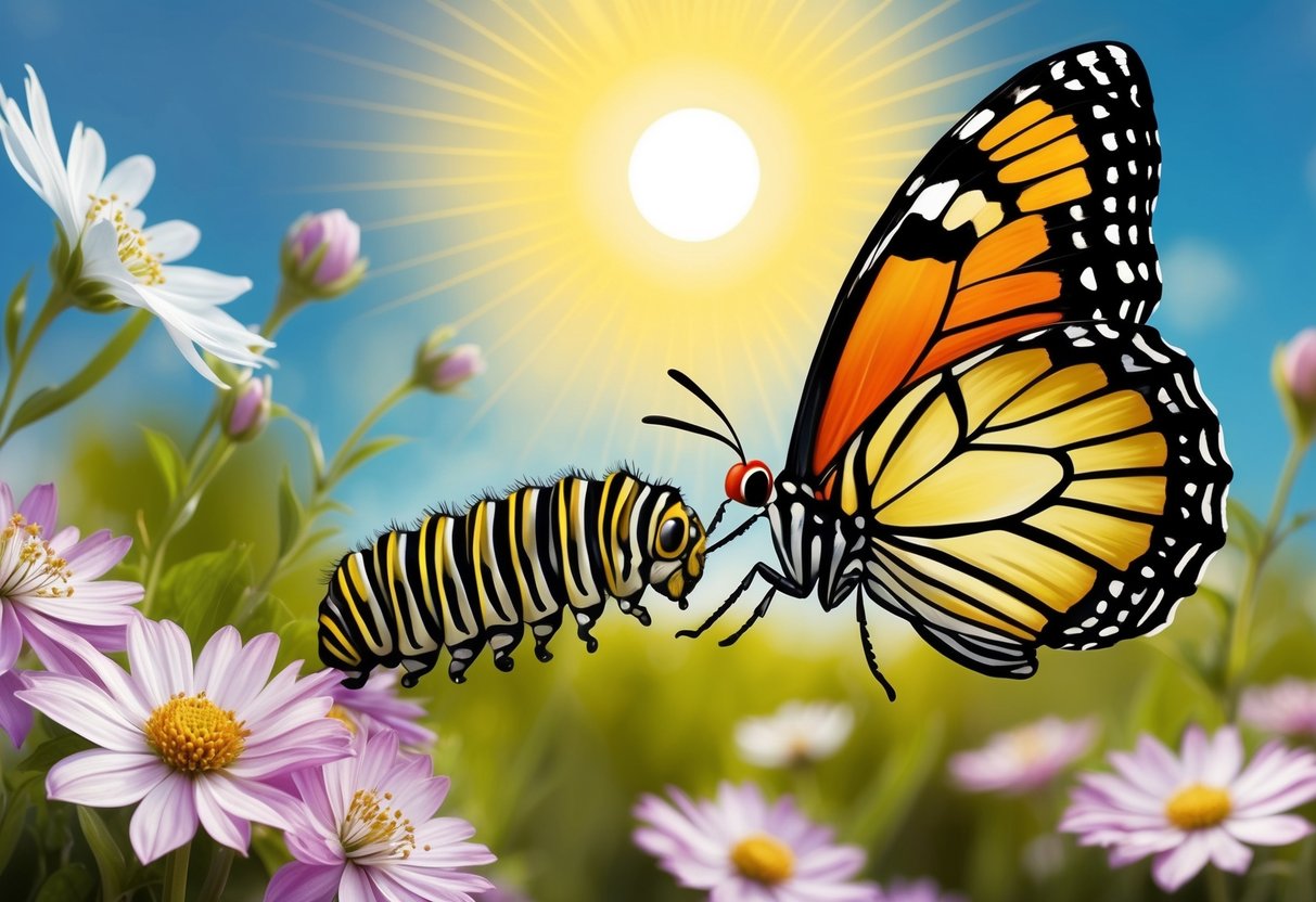 A caterpillar transforming into a butterfly, surrounded by blooming flowers and a radiant sun in the sky