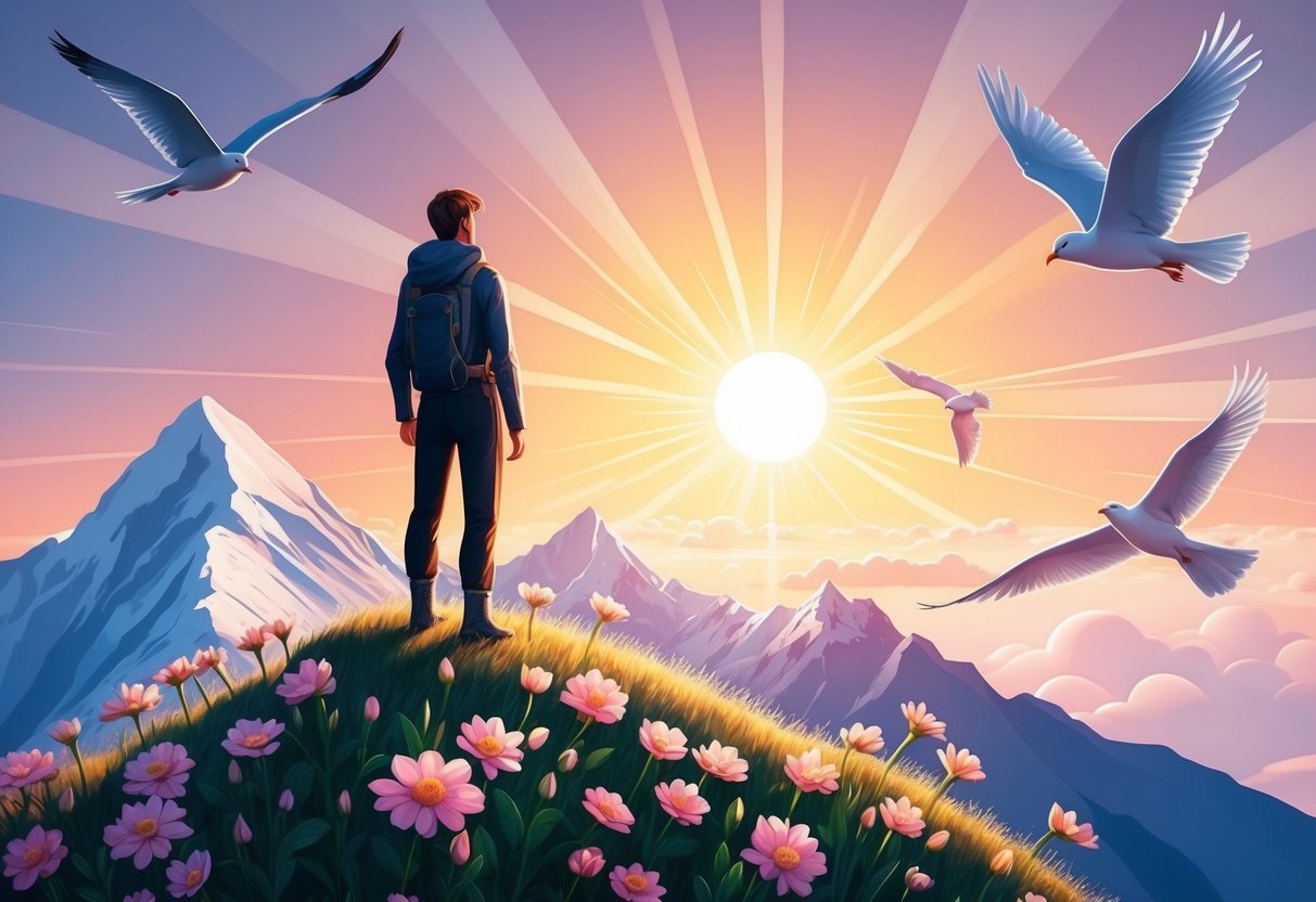 A figure stands atop a mountain peak, gazing out at a radiant sunrise while surrounded by blooming flowers and soaring birds